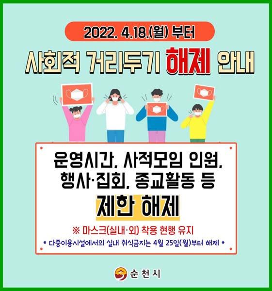2022.4.18.(월)부터 사회적 거리두기 해제 안내 운영시간, 사적모임 인원, 행사·집회, 종교활동 등 제한 해제 ※ 마스크(실내·외) 착용 현행 유지 *다중이용시설에서의 실내 취식금지는 4월 25일(월)부터 해제