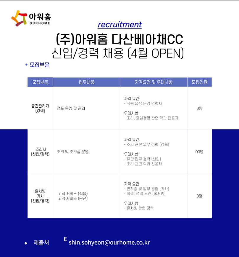 모집·채용 - 국립순천대학교 [아워홈] 다산베아채CC 신입/경력채용 (~03/31(금) 마감)