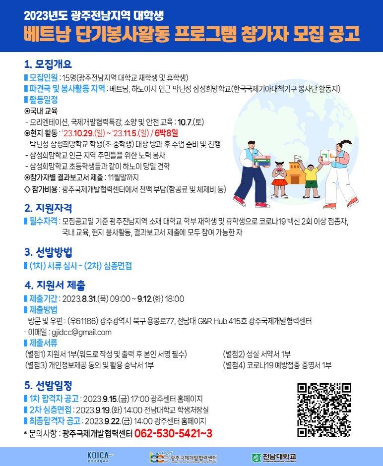 2023년도 광주전남지역 대학생 베트남 단기봉사활동 프로그램 참가자 모집 공고 1. 모집개요 모집인원 : 15명(광주전남지역 대학교 재학생 및 휴학생) 파견국 및 봉사활동 지역 : 베트남, 하노이시 인근 박닌성 삼성희망학교(한국국제기아대책기구 봉사단 활동지) 활동일정 ?국내 교육 - 오리엔테이션, 국제개발협력특강, 소양 및 안전 교육: 10.7.(토) ?현지 활동: 23.10.29.(일)~23.11.5.(일)/6박8일 -박닌성 삼성희망학교 학생(초·중학생) 대상 방과 후 수업 준비 및 진행 -삼성희망학교 인근 지역 주민들을 위한 노력봉사 -삼성희망학교 초등학생들과 같이 하노이 당일 견학 ?참가자별 결과보고서 제출 : 11월말까지 ◇참가비용: 광주국제개발협력센터에서 전액 부담(항공료 및 체제비 등) 2. 지원자격 필수자격: 모집공고일 기준 광주전남지역 소재 대학교 학부 재학생 및 휴학생으로 코로나19 백신 2회 이상 접종자, 국내 교육, 현지 봉사활동, 결과보고서 제출에 모두 참여 가능한 자 3. 선발방법 (1차) 서류 심사 (2차) 심층면접 4. 지원서 제출 제출기간: 2023.8.31.(목) 09:00~9.12.(화) 18:00 제출방법 - 방문 및 우편 : (우61186) 광주광역시 북구 용봉로77, 전남대 G&R Hub 415호 광주국제개발협력센터 -이메일: gjidcc@gmail.com 제출서류 (별첨1) 지원서 1부(워드로 작성 및 출력 후 본인서명 필수)  (별첨2) 성실 서약서 1부 (별첨3) 개인정보제공 동의 및 활용 승낙서 1부 (별첨4) 코로나19 예방접종 증명서 1부 5. 선발일정 1차 합격자공고: 2023.9.15.(금) 17:00 광주센터 홈페이지  2차 심층면접 : 2023.9.19.(화) 14:00 전남대학교 학생처장실 최종합격자 공고: 2023.9.22.(금) 14:00 광주센터 홈페이지 *문의사항 : 광주국제개발협력센터 062-530-5421~3 QR코드(https://drive.google.com/file/d/1BVz1TynEsg1wOCT-Q8W4jiXeDERb4HAo/view?usp=drive_link)