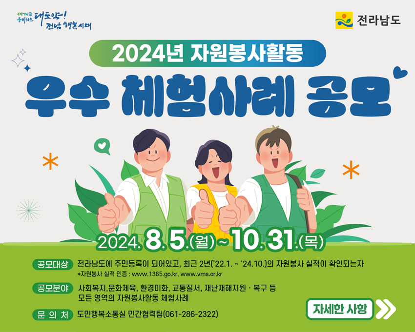 2024년 자원봉사활동. 우수 체험사례 공모. 2024.8.5.(월)~10.31.(목) 공모대상 전라남도에 주민등록이 되어있고, 최근 2년(22.1. ~ 24.10.)의 자원봉사 실적이 확인되는자 *자원봉사 실적 인증 : www.1365.go.kr, www.vms.or.kr 공모분야 사회복지,문화체육, 환경미화, 교통질서, 재난재해지원 · 복구 등 모든 영역의 자원봉사활동 체험사례 문의처 도민행복소통실 민간협력팀(061-286-2322)