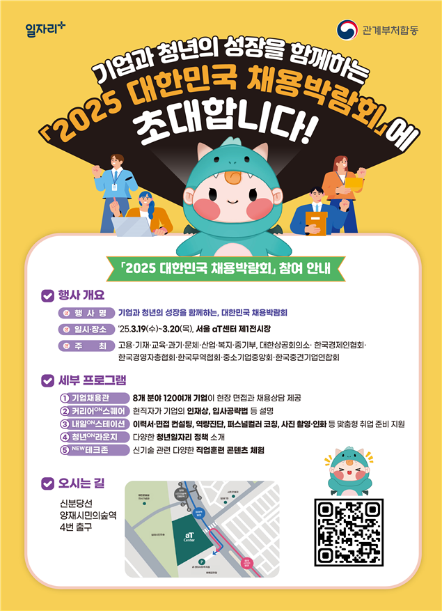 일자리 관계부처합동 기업과 청년의 성장을 함께하는 2025 대한민국 채용박람회에 초대합니다! 「2025 대한민국 채용박람회」참여 안내 행사 개요 행 사 명 기업과 청년의 성장을 함께하는, 대한민국 채용박람회 일시·장소 25.3.19(수)~3.20(목), 서울 aT센터 제1전시장 주최 고용·기재·교육·과기·문체·산업·복지·중기부, 대한상공회의소· 한국경제인협회· 한국경영자총협회·한국무역협회·중소기업중앙회·한국중견기업연합회 세부 프로그램 1 기업채용관 8개 분야 120여개 기업이 현장 면접과 채용상담 제공 2 커리어ON스퀘어 현직자가 기업의 인재상, 입사공략법 등 설명 3 내일ON스테이션 이력서·면접 컨설팅, 역량진단, 퍼스널컬러 코칭, 사진 촬영·인화 등 맞춤형 취업 준비 지원 4 청년ON라운지 다양한 청년일자리 정책 소개 5 NEW테크존 신기술 관련 다양한 직업훈련 콘텐츠 체험 오시는 길 신분당선 양재시민의숲역 4번 출구