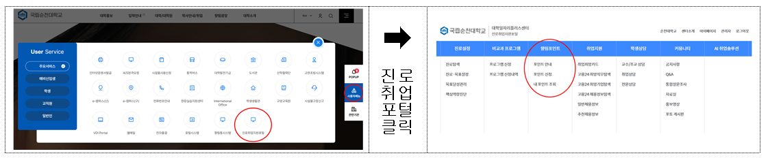 대학홈페이지 하단 진로·취업포털 아이콘 클릭 OR ( https://jobs.scnu.ac.kr URL 입력)