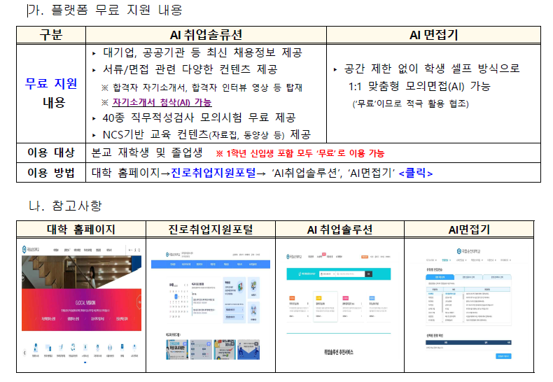 가. 플랫폼 무료 지원 내용 무료 지원 내용 AI 취업솔류션 : -대기업, 공공기관 등 최신 채용정보 제공 -서류/면접 관련 다양한 컨텐츠 제공 ※합격자 자기소개서, 합격자 인터뷰 영상 등 탑재 ※자기소개서 첨삭(AI) 기능 -40종 직무적성검사 모의시험 무료 제공 -NCS기반 교육 컨텐츠(자료집, 동영상 등) 제공 AI 면접기 : 공간 제한 없이 학생 셀프 방식으로 1:1 맞춤형 모의면접(AI) 가능(무료이므로 적극 활용 협조) 이용대상 본교 재학생 및 졸업생 ※1학년 신입생 포함 모두 무료로 이용 가능 이용 방법 대학 홈페이지 -> 진로취업지원포털 -> AI취업솔루션, AI면접기 나. 참고사항 대학 홈페이지, 진로취업지원포털, AI 취업솔루션, AI면접기