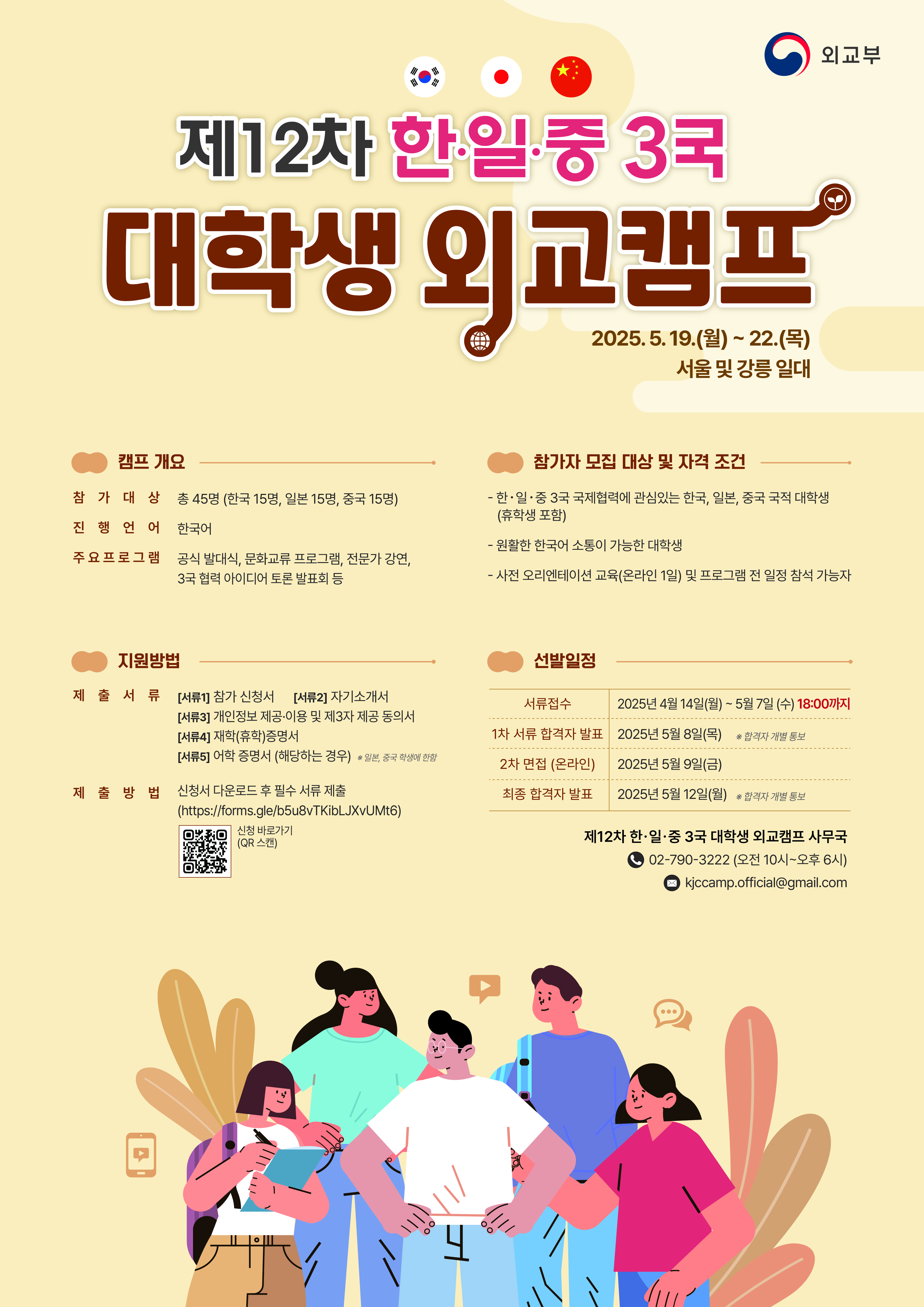 외교부. 제12차 한·일·중 3국 대학생 외교캠프. 2025.5.19(월)~22(목) 서울 및 강릉 일대. 캠프 개요. 참가대상: 총45명(한국15명, 일본15명, 중국15명). 진행언어: 한국어. 주요프로그램: 공식 발대식, 문화교류 프로그램, 전문가 강연, 3국 협력 아이디어 토론 발표회 등. 참가자 모집 대상 및 자격 조건. -한·일·중 3국 국제협력에 관심있는 한국, 일본, 중국 국적 대학생(휴학생 포함) -원활한 한국어 소통이 가능한 대학생 -사전 오리엔테이션 교육(온라인 1일) 및 프로그램 전 일정 참석 가능자. 지원방법. 제출서류: [서류1]참가 신청서 [서류2]자기소개서 [서류3]개인정보 제공·이용 및 제3자 제공 동의서 [서류4]재학(휴학)증명서 [서류5]어학 증명서(해당하는 경우)*일본, 중국 학생에 한함. 제출방법: 신청서 다운로드 후 필수 서류 제출(https://forms.gle/b5u8vTKibLJXvUMt6) 신청 바로가기(QR 스캔). 선발일정: 서류접수 2025년 4월 14일(월)~5월 7일(수) 18:00까지. 1차 서류 합격자 발표: 2025년 5월 8일(목)*합격자 개별 통보. 2차 면접 (온라인): 2025년 5월 9일(금). 최종 합격자 발표: 2025년 5월 12일(월)*합격자 개별 통보. 제12차 한·일·중 3국 대학생 외교캠프 사무국 02-790-3222(오전 10시~오후 6시) kjccamp.official@gmail.com