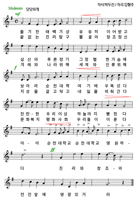 악보 이미지. 작사 : 박두진 / 작곡 : 김형주 / Moderato / 당당하게. 교가 가사는 아래를 참고하세요.